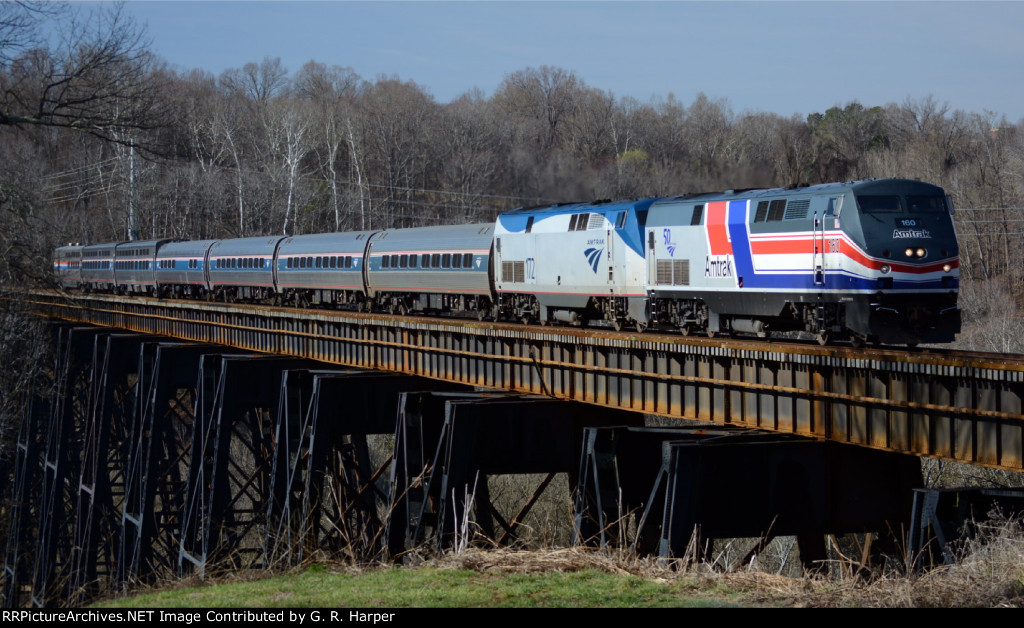 Pepsi Can AMTK 160 leads train #20(17) across the James River soon after leaving Lynchburg.